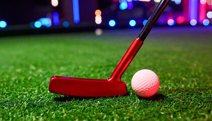 Close up of a classic red golf putter next to a neon golf ball on vibrant green turf at a recreational facility