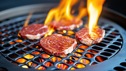 Grilled raw beef steak slices cooking over open flame on metal barbecue grill with glowing charcoal underneath, showing intense heat and fire