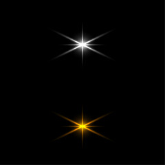 Fototapeta premium Shining star light effects in white and yellow on black background for glow and highlight decoration 