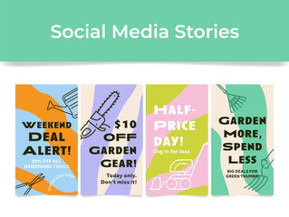 Social media story templates for a garden store featuring weekend deals and discounts on gardening tools