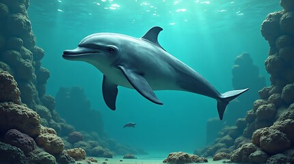 A graceful dolphin swims through a sunlit underwater canyon surrounded by coral reef formations.