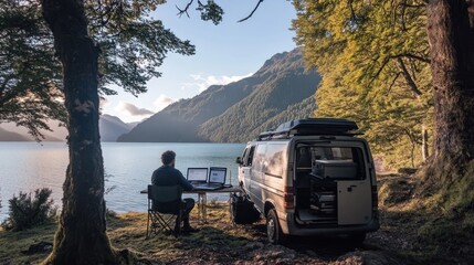 Man working outdoors by a lake
