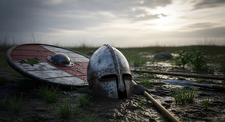 A weathered helmet and shield rest on a grassy battlefield under a cloudy sky.