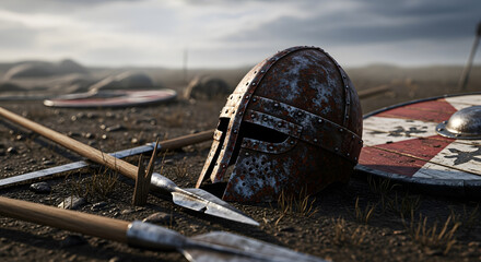 A weathered Viking helmet rests on a battlefield, surrounded by weapons and shields.