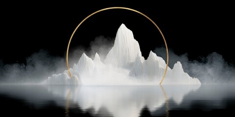 Minimalist mountain sculpture with golden ring