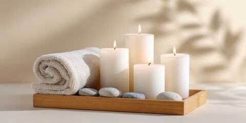 White candles on wooden tray with spa elements