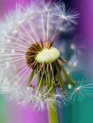 Obraz premium Close up of a dandelion seed head with a soft, colorful blurred background.