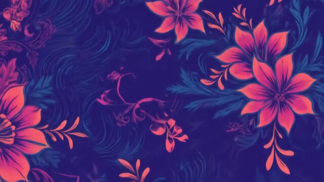 Floral pattern with pink flowers and teal leaves on a dark blue background