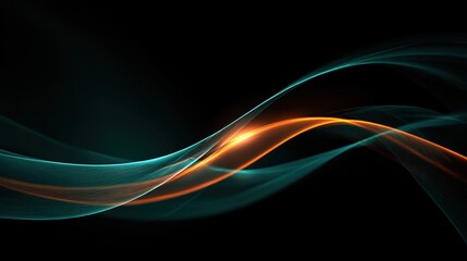 Fototapeta premium Abstract wave design with glowing light effects on a dark background, featuring a teal and orange color scheme, smooth curves and curved lines. 