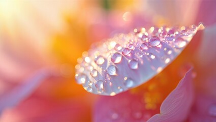 Close up of a pink flower petal with water droplets illuminated by sunlight.