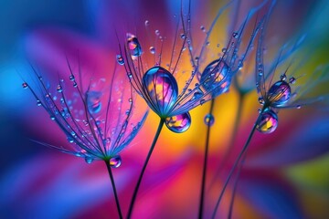 Vibrant close up of a dandelion seed with water droplets, showcasing nature's beauty.
