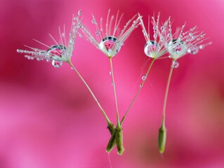 Dandelion seeds glistening with water droplets against a vibrant pink backdrop.