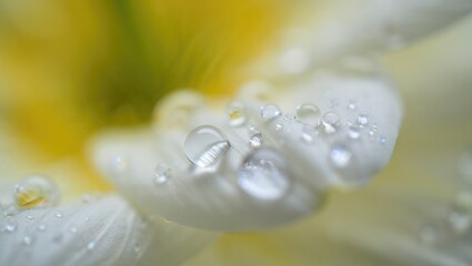 Close up of a flower petal with glistening water droplets, showing delicate details.