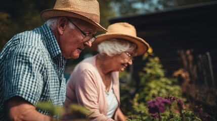 Elderly couple tending a garden.