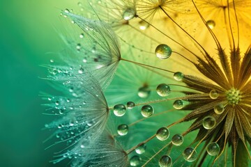 Close up view of a dandelion with water droplets in macro photography.