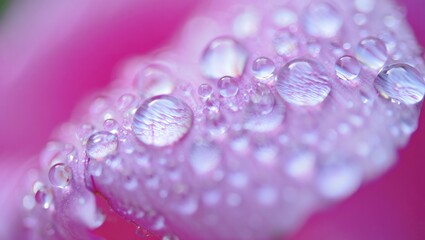 Close up of water droplets glistening on a pink flower petal.