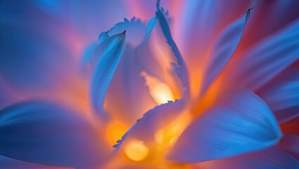 Close up of a flower in soft blue and orange hues, creating an abstract design.