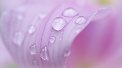 Close up of a delicate pink flower petal with water droplets, showcasing nature's beauty.
