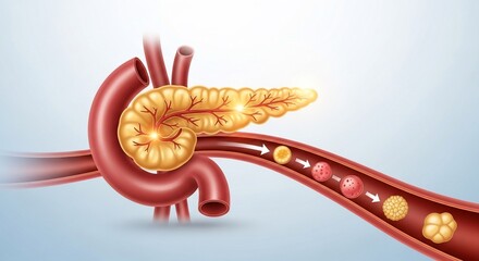 Pancreatic insulin production and release into bloodstream, illustrated.