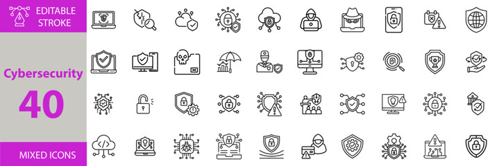 Cybersecurity and Network Protection Icon Set &ndash; Editable Vector Illustrations for Data Security, Firewall, Ethical Hacking, Virus Protection, Privacy, and Cybercrime Prevention