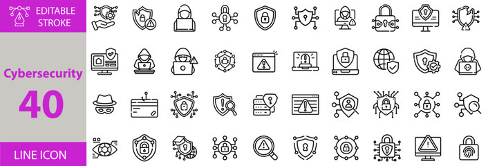 Cybersecurity and Data Protection Icon Set &ndash; Editable Vector Illustrations for Network Security, Firewall, Ethical Hacking, Privacy, Virus Protection, and Cybercrime Prevention