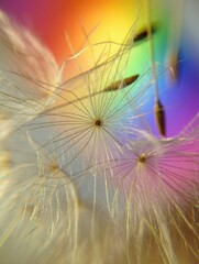 The delicate beauty of a dandelion seed head against a vibrant rainbow.
