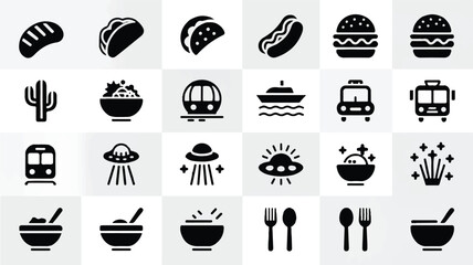 A set of 25 black and white icons arranged in a 5x5 grid format. The top row shows food items a curved bread loaf, a sandwich, a taco, a hot dog, and a hamburger.  