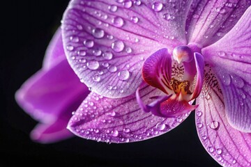A close up of a vibrant purple orchid with water drops and delicate petals.