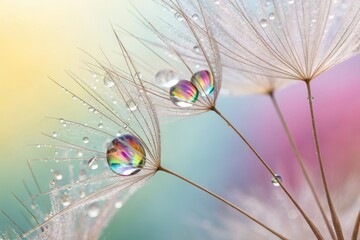 Close up of a dandelion seed with water droplets, reflecting colorful light.