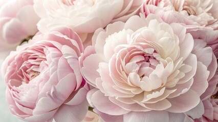 Close up view of delicate and romantic pink peony flowers in full bloom.