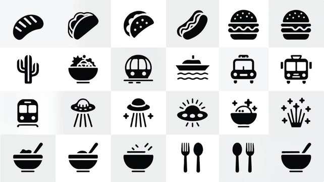 A set of 25 black and white icons arranged in a 5x5 grid format. The top row shows food items a curved bread loaf, a sandwich, a taco, a hot dog, and a hamburger.  