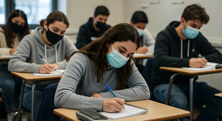 High school student taking notes while wearing face mask due to coronavirus emergency. Young woman sitting in class with their classmates and wearing surgical mask due to Covid-19 pandemic.