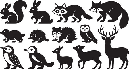 Obraz premium Silhouette Forest Animals Set Vector Illustration Woodland Wildlife Creatures Design Elements