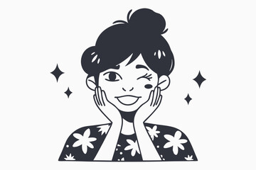 Smiling Asian woman with bun and floral top winks, surrounded by sparkle shapes