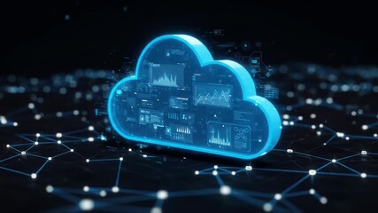 A glowing blue cloud icon, representing cloud computing, is overlaid with numerous digital data visualizations and connected by a network of lines - Powered by Adobe