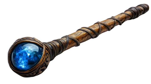 Artistic rendering of a magical staff with gemstone core and fantasy wood texture design on transparent background