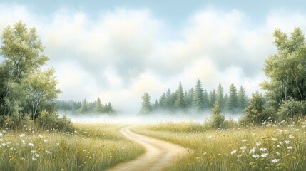 Obraz premium Journey through blooming meadow picturesque dirt road amidst wildflowers in full bloom