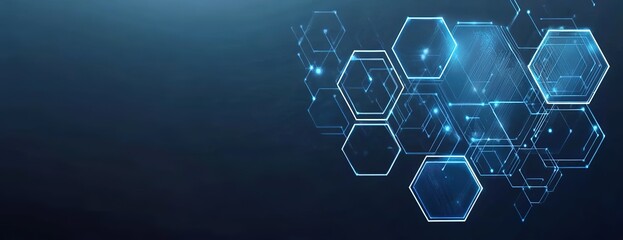 Fototapeta premium Abstract blue hexagon shapes with glowing lines technology vector background, 8K UHD science presentation template