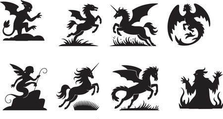 Mythical Creatures Silhouettes Vector Illustration Dragon Unicorn Pegasus Griffin Mermaid