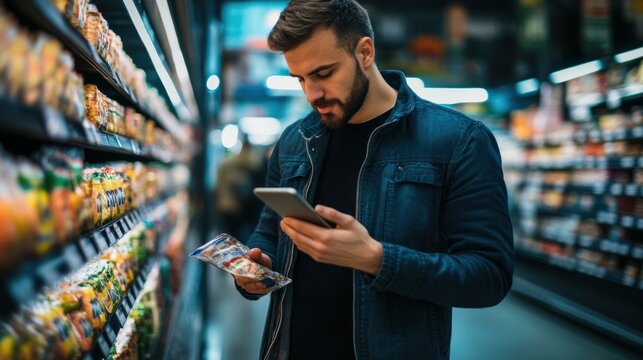 Man in supermarket reading product label