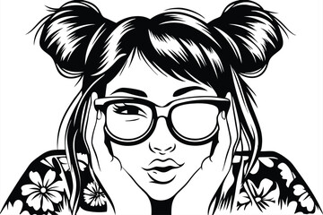 Young stylish woman with space buns in a floral top poses with glasses