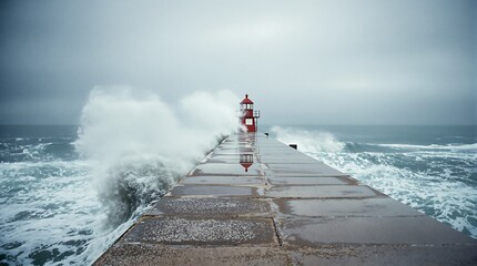 Resilient Lighthouse on a Concrete Pier Enduring Powerful Ocean Waves Under a Dark, Overcast Sky