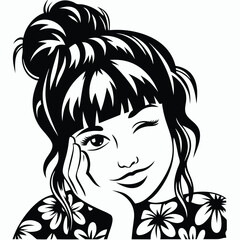 Winking girl with hair in a bun and a floral shirt strikes a pose