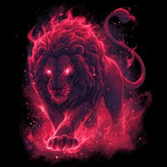 fiery and fierce lion with glowing mane and intense energy effects in a dark atmosphere