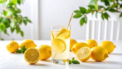 Fototapeta premium Refreshing lemonade in a glass, surrounded by lemons