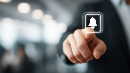 Businessman Touching Notification Bell Icon Symbolizing Digital Alerts, Marketing Campaigns, Corporate Reminders and Real-Time Communication Strategy