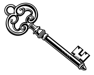Antique ornate key silhouette with decorative scrollwork handle