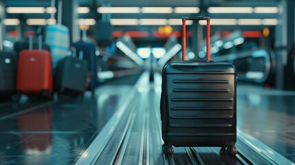 A sleek black suitcase with red accents stands prominently on an airport moving walkway, surrounded by a blurred backdrop of colorful luggage, evoking travel vibes.