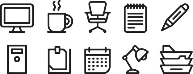 Office supplies and equipment icons computer monitor coffee cup