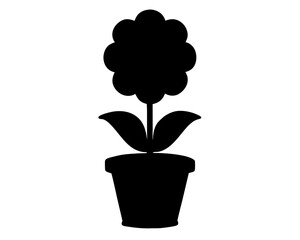 Black silhouette of a potted flower with large petals and leaves